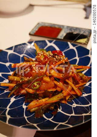 Spicy Vegetable Stir-Fry on Blue Plate Spicy Vegetable Stir-Fry on Blue Plate 140200578
