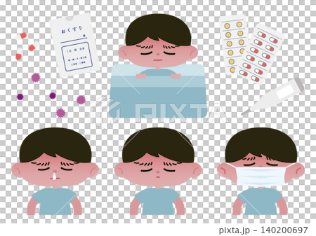 一組描繪一個身體不適的男孩的向量插圖。 140200697