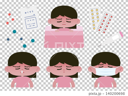 一組向量插圖，描繪了一個感覺不舒服的女孩 140200698