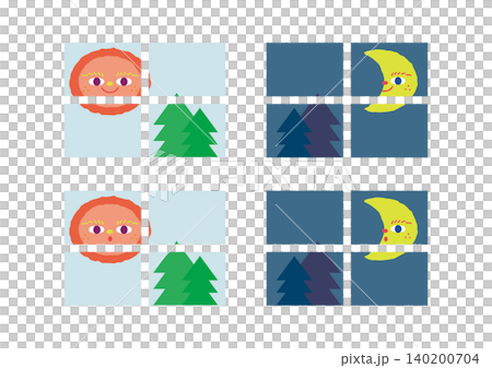 窓から見える太陽と月のベクターイラスト素材セット 窓から見える太陽と月のベクターイラスト素材セット 140200704