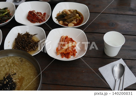 Korean Meal Spread on Wooden Table 140200831