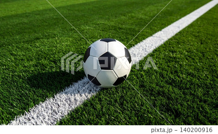 Classic black and white soccer ball on a lush green grass field 140200916