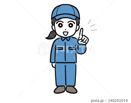 人差し指を立てて笑顔で説明する作業服の若い女性(全身・正面) 140201019