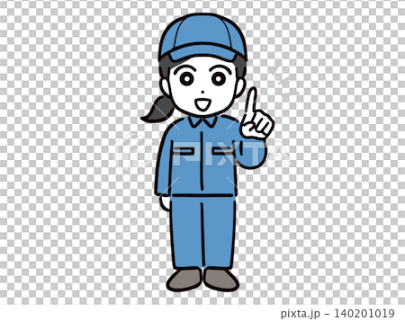A young woman in work clothes (full body, front view) is smiling and explaining something while holding up her index finger. A young woman in work clothes (full body, front view) is smiling and explaining something while holding up her index finger. 140201019
