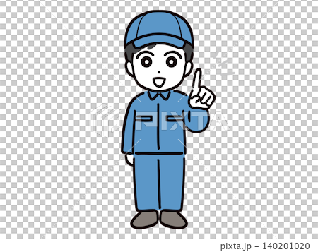 A young man in work clothes (full body, front view) is smiling and explaining something while holding up his index finger. A young man in work clothes (full body, front view) is smiling and explaining something while holding up his index finger. 140201020