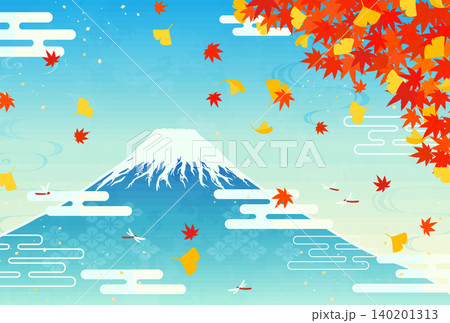 紅葉と銀杏と赤富士山のイラスト2_横 紅葉と銀杏と赤富士山のイラスト2_横 140201313
