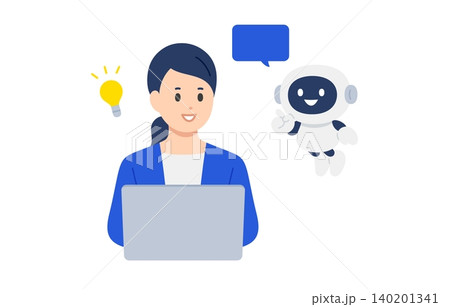 回答するAI・チャットボットとひらめくビジネスパーソン女性【人物ベクターイラスト素材】 回答するAI・チャットボットとひらめくビジネスパーソン女性【人物ベクターイラスト素材】 140201341