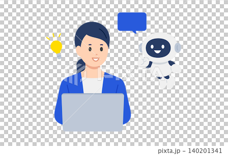 回答するAI・チャットボットとひらめくビジネスパーソン女性【人物ベクターイラスト素材】 回答するAI・チャットボットとひらめくビジネスパーソン女性【人物ベクターイラスト素材】 140201341