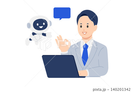 提案するAI・チャットボットとOKサインをするビジネスパーソン男性【人物ベクターイラスト素材】 提案するAI・チャットボットとOKサインをするビジネスパーソン男性【人物ベクターイラスト素材】 140201342