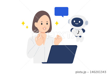 頼もしいAI・チャットボットとガッツポーズをするビジネスパーソン女性【人物ベクターイラスト素材】 頼もしいAI・チャットボットとガッツポーズをするビジネスパーソン女性【人物ベクターイラスト素材】 140201343
