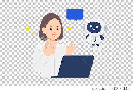 一位女商人與可靠的人工智慧聊天機器人擊掌慶祝 [人物向量圖] 140201343
