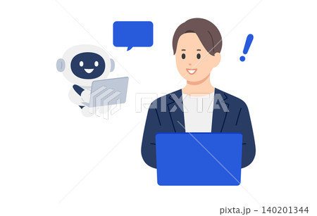 作業を代行するAI・チャットボットと喜ぶビジネスパーソン男性【人物ベクターイラスト素材】 作業を代行するAI・チャットボットと喜ぶビジネスパーソン男性【人物ベクターイラスト素材】 140201344