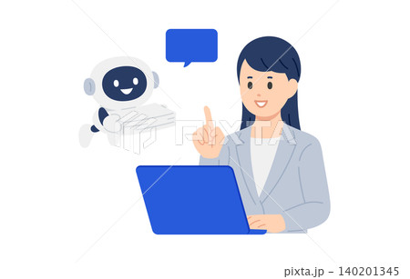 書類整理を手伝うAI・チャットボットと指示するビジネスパーソン女性【人物ベクターイラスト素材】 書類整理を手伝うAI・チャットボットと指示するビジネスパーソン女性【人物ベクターイラスト素材】 140201345