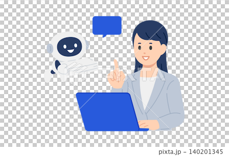 An AI chatbot assisting with document organization, and a female business professional giving instructions. [Vector illustration of people] 140201345