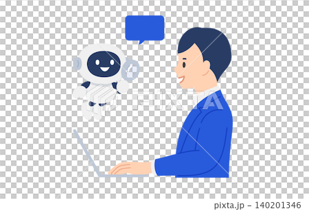 A business person happily interacting with an AI chatbot assisting with search and research [Vector illustration of a person] 140201346