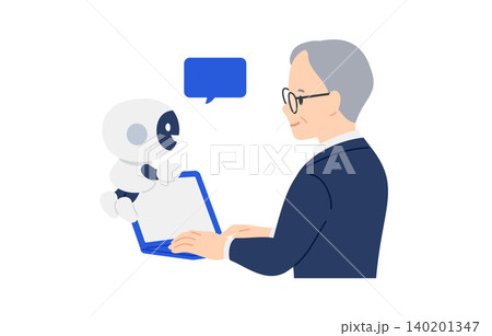 説明するAI･チャットボットと教わるビジネスパーソン男性【人物ベクターイラスト素材】 140201347