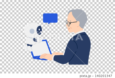説明するAI･チャットボットと教わるビジネスパーソン男性【人物ベクターイラスト素材】 140201347
