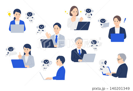AI・チャットボットで業務を効率化するビジネスパーソンのセット【人物ベクターイラスト素材】 AI・チャットボットで業務を効率化するビジネスパーソンのセット【人物ベクターイラスト素材】 140201349