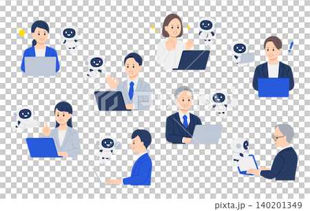 AI・チャットボットで業務を効率化するビジネスパーソンのセット【人物ベクターイラスト素材】 AI・チャットボットで業務を効率化するビジネスパーソンのセット【人物ベクターイラスト素材】 140201349