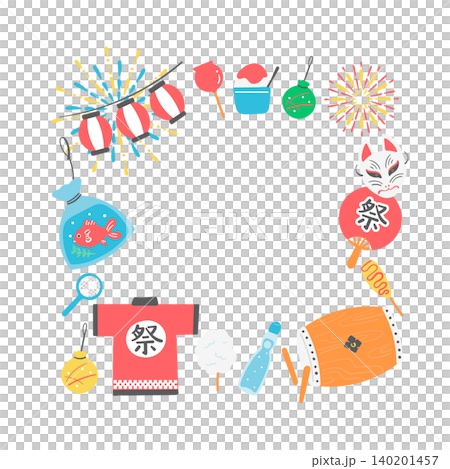 夏祭りの円形フレームイラスト素材 140201457