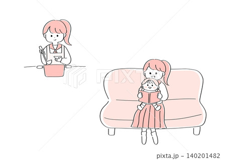 ヤングケアラーのイラスト｜兄弟の世話や家事をする中学生 140201482