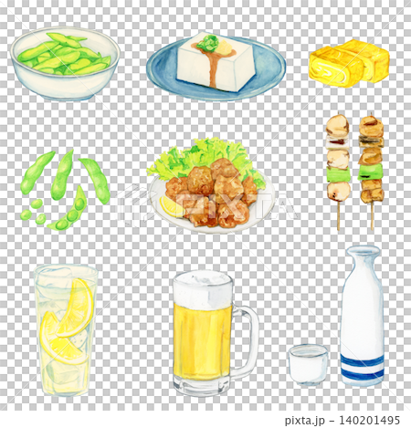 Hand-painted watercolor izakaya menu set: Beer, lemon sour, sake, yakitori, edamame, chilled tofu, tamagoyaki (rolled omelet), and karaage (fried chicken). Hand-painted watercolor izakaya menu set: Beer, lemon sour, sake, yakitori, edamame, chilled tofu, tamagoyaki (rolled omelet), and karaage (fried chicken). 140201495