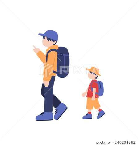 リュックを背負って歩く大人と子どものイラスト 140201592