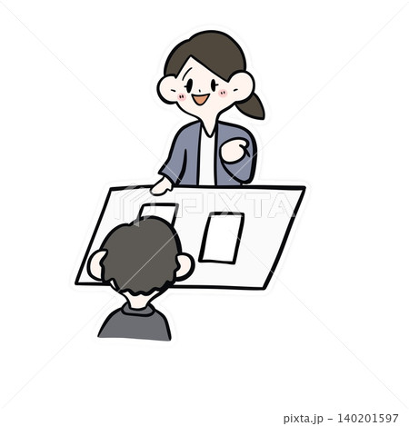 デスクを挟んで説明する女性会社員のイラスト|打ち合わせ・1対1 デスクを挟んで説明する女性会社員のイラスト|打ち合わせ・1対1 140201597