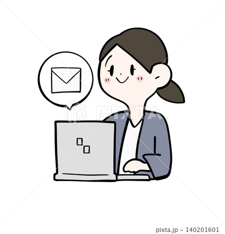 PCでメール作業中の女性会社員のイラスト|メール通知 PCでメール作業中の女性会社員のイラスト|メール通知 140201601