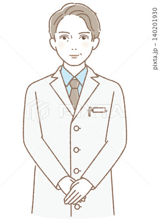 正面を向いて微笑む白衣の男性、医師、薬剤師、医療スタッフのベクターイラスト 140201930