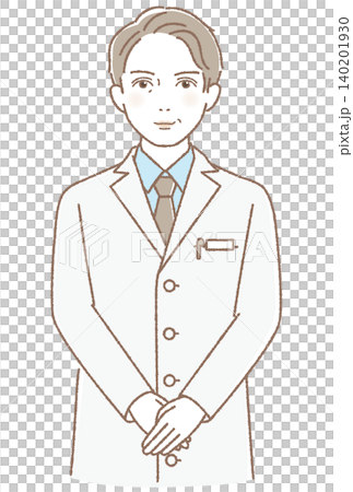 正面を向いて微笑む白衣の男性、医師、薬剤師、医療スタッフのベクターイラスト 140201930