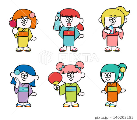 浴衣を着た女の子のイラストセット 140202183