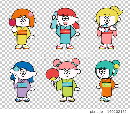 浴衣を着た女の子のイラストセット 140202183