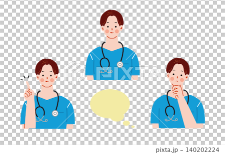 一組描繪男醫師臉部表情的插圖。 一組描繪男醫師臉部表情的插圖。 140202224