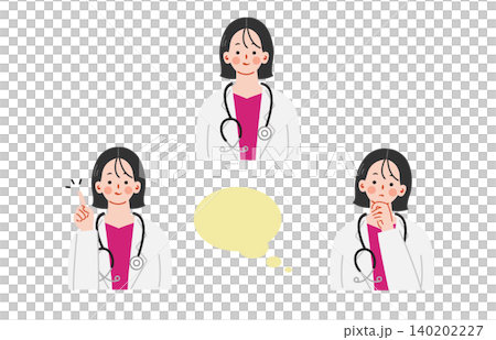 一組描繪女醫師臉部表情的插圖。 一組描繪女醫師臉部表情的插圖。 140202227