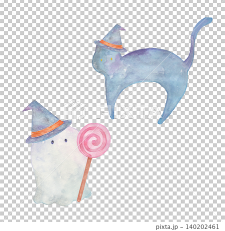 萬聖節幽靈和黑貓的插圖（水彩畫） 140202461