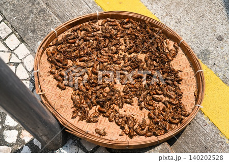 Close up of traditional Cantonese medicine with dried cicada shells drying in wicker basket on pavement street during summer day in Macau China Close up of traditional Cantonese medicine with dried cicada shells drying in wicker basket on pavement street during summer day in Macau China 140202528
