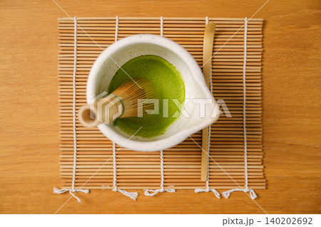 Japanese matcha tea ceremony equipment on wooden table 140202692