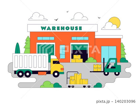 Warehouse Illustration Featuring Logistics Distribution Center, Cargo Transportation, Freight Shipping, Storage Facility, and Supply Chain Operations 140203096