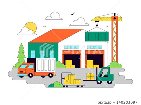 Warehouse Illustration Featuring Logistics Distribution Center, Cargo Transportation, Freight Shipping, Storage Facility, and Supply Chain Operations 140203097