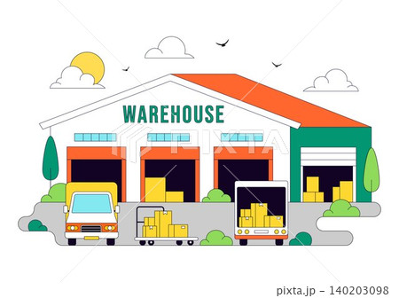 Warehouse Illustration Featuring Logistics Distribution Center, Cargo Transportation, Freight Shipping, Storage Facility, and Supply Chain Operations 140203098