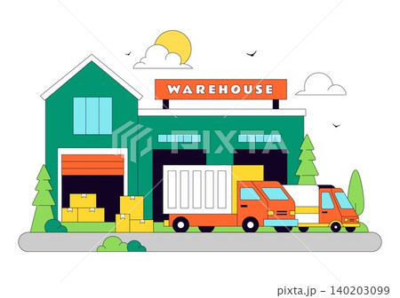 Warehouse Illustration Featuring Logistics Distribution Center, Cargo Transportation, Freight Shipping, Storage Facility, and Supply Chain Operations 140203099