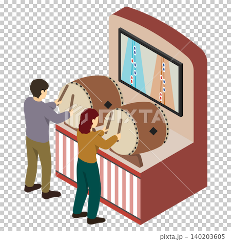 アイソメトリックイラスト:太鼓リズムゲーム機で遊ぶカップル アイソメトリックイラスト:太鼓リズムゲーム機で遊ぶカップル 140203605