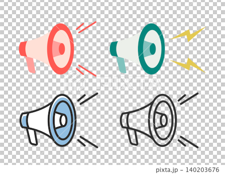 Megaphone icon set, line art, flat black and white, simple megaphone design. Megaphone icon set, line art, flat black and white, simple megaphone design. 140203676