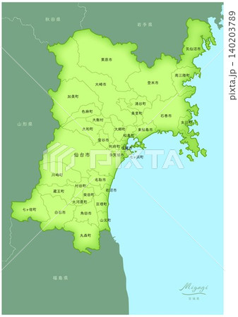 「宮城県」立体感のある日本の地図シリーズ。（隣県、市町村、日本語）MIYAGI, JAPAN 140203789