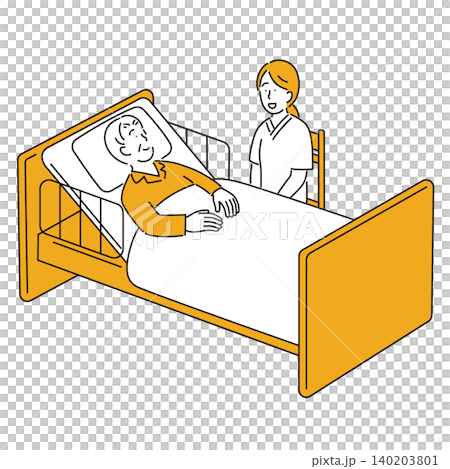 An illustration of a female visiting nurse conversing with a bedridden elderly man. An illustration of a female visiting nurse conversing with a bedridden elderly man. 140203801