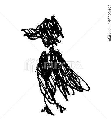 墨で描いた、シンプルな一羽のカラスのモノクロ線画イラスト素材 140203903