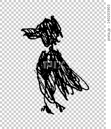 墨で描いた、シンプルな一羽のカラスのモノクロ線画イラスト素材 140203903