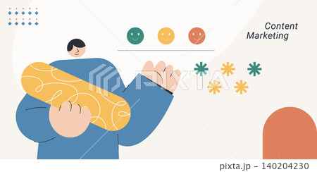 Flat design illustration of a person holding a megaphone with emoji faces and asterisk symbols, representing content marketing and audience engagement. Perfect for digital marketing and social media c Flat design illustration of a person holding a megaphone with emoji faces and asterisk symbols, representing content marketing and audience engagement. Perfect for digital marketing and social media c 140204230