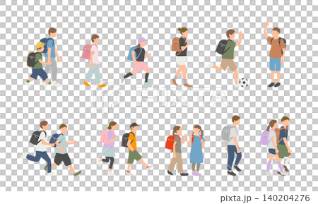 A set of elementary school children with backpacks: children walking, running, and talking. A set of elementary school children with backpacks: children walking, running, and talking. 140204276